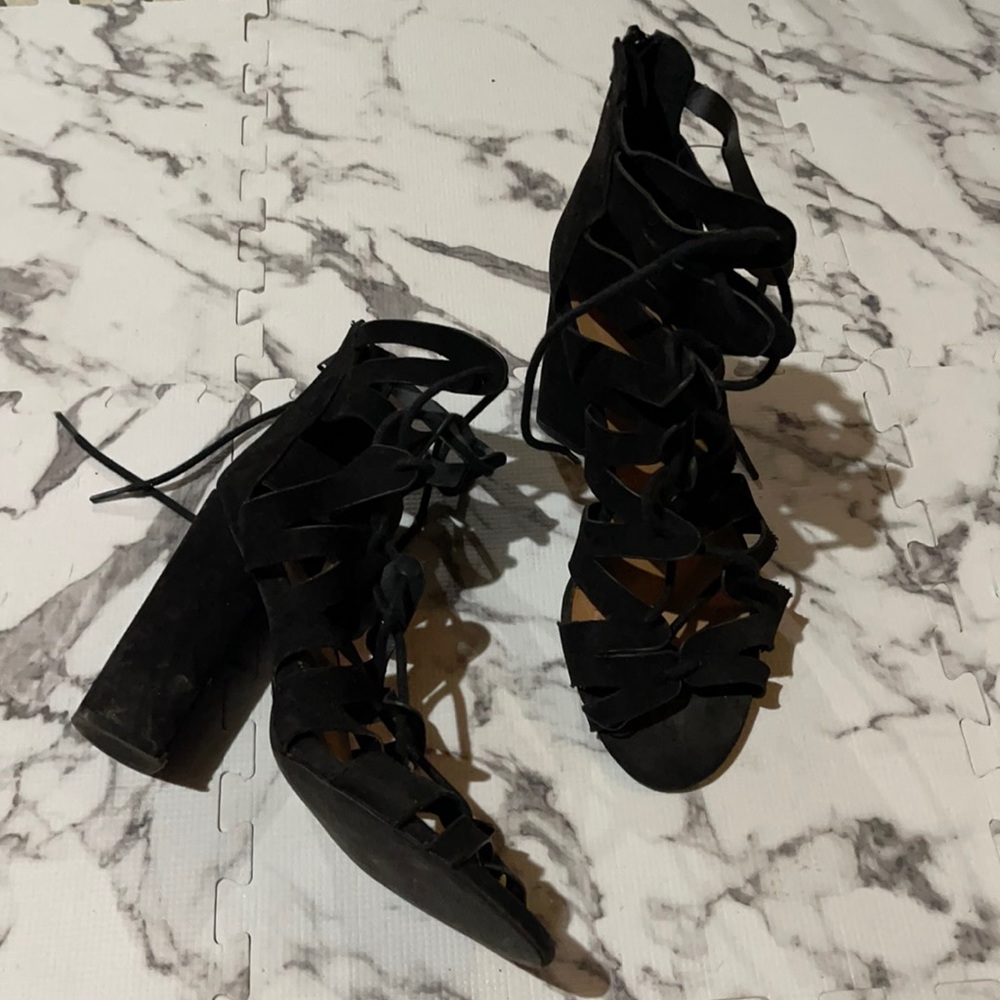 Open foot, lace up black heels